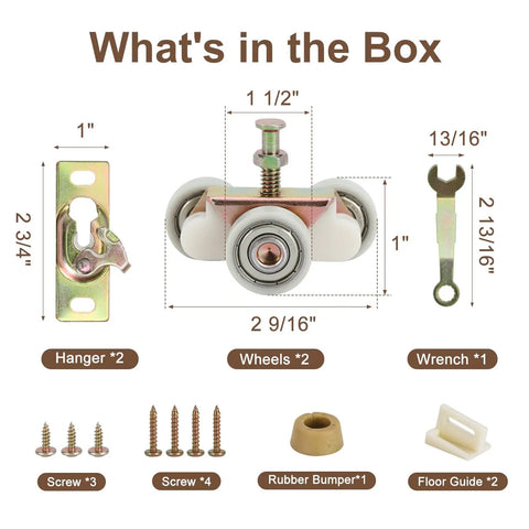 "What's in the box" contents for Pocket Door Hanger System For Commercial Grade Use, including hangers, wheels, screws, and tools.