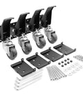 Four Rock Solid Retractable Casters Featuring Quick Release Mounting Plates For No Sweat Workbench Relocation And Lets Heavy Shop Gear Roll Out Smooth As Butter with black steel plates and screws.