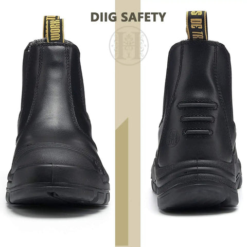 Front and back view of Men's Soft Toe Waterproof Work Boots With Wide Toe Box For All Day Comfort Slip On Easy On And Off.