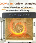 Pro Built 1000W Food Dehydrator With 8 Durable Stainless Steel Trays Plus Quick Setup Timer showing 3D airflow technology.