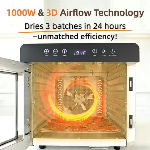 Pro Built 1000W Food Dehydrator With 8 Durable Stainless Steel Trays Plus Quick Setup Timer showing 3D airflow technology.