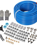 Heavy Duty Air Compressor Piping Kit Featuring Two Hundred Foot One Half Inch Rugged Tubing, fittings, valves, and tools laid out.