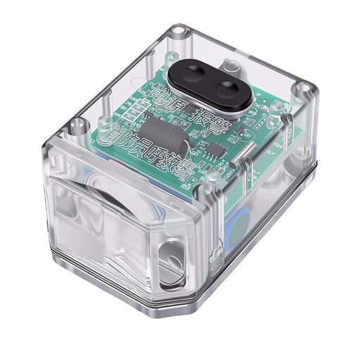 Built Tough Motion Sensor Safety Alarm For Frontline Workers With 100dB Distress Alert Long Battery Life Rock Solid Stillness Detection Gear, top view of circuit board in plastic case.