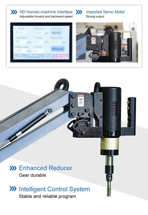 Heavy Duty Electric Tapping Machine With A Beefy 600W Servo Motor and Slick Flexible Arm showing control interface and motor details.