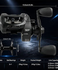 Heavy Duty Wide Frame Baitcasting Reel With Adjustable Ten Magnet Brake and Forty Pound Max Drag, showcasing specs and design.