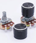 Wh138 100K Ohm Potentiometer Set Three Pack Single Turn Rotary Potentiometer With Three Black Aluminum Knob Caps for audio control