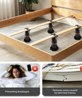 Four Piece Adjustable Bed Support Legs With Reinforced Steel Brackets, Holds Up To 4400 Pounds Per Leg, Ranges From Eight To Thirteen Point Five Inches, Built Tough Heavy Lifters To Ban Saggin And Silence Creaky Queen King Frames in a modern bedroom setup.