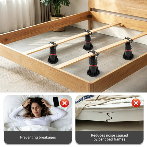 Four Piece Adjustable Bed Support Legs With Reinforced Steel Brackets, Holds Up To 4400 Pounds Per Leg, Ranges From Eight To Thirteen Point Five Inches, Built Tough Heavy Lifters To Ban Saggin And Silence Creaky Queen King Frames in a modern bedroom setup.