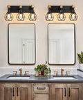 Three Light Farmhouse Vanity Light Fixtures With Wood Accents And Rustic Metal Lampshades over bathroom mirrors
