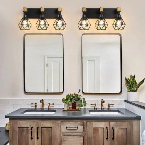 Three Light Farmhouse Vanity Light Fixtures With Wood Accents And Rustic Metal Lampshades over bathroom mirrors