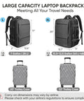 Sturdy Unisex Travel Backpack For Laptop, Carry-On Size With 40L Expandable To 48L, shown next to trolley cases, black.