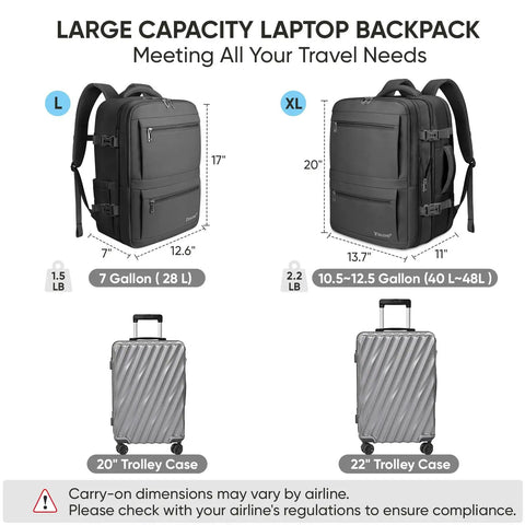 Sturdy Unisex Travel Backpack For Laptop, Carry-On Size With 40L Expandable To 48L, shown next to trolley cases, black.