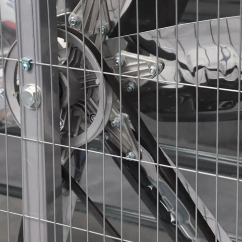 Close-up of Boss Level Industrial Exhaust Fan features six blade turbine design with protective grid for safety.