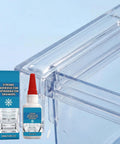 Refrigerator Repair Glue 50ml Tough As Nails Waterproof Adhesive next to a repaired transparent refrigerator drawer
