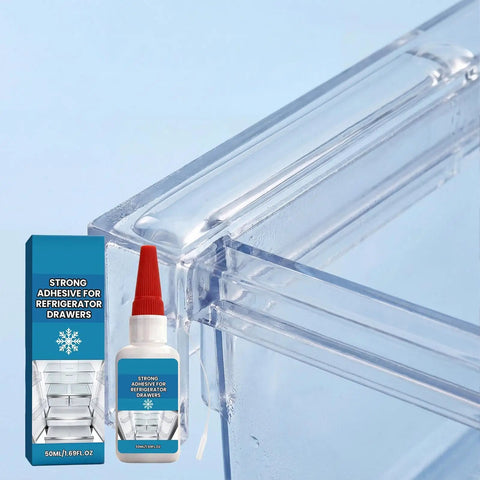 Refrigerator Repair Glue 50ml Tough As Nails Waterproof Adhesive next to a repaired transparent refrigerator drawer