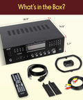 4 Channel Bluetooth Home Amplifier With Front Loading CD And DVD Player And 3000W Peak Power For Party Ready Sound Mic Echo FM Radio Optical In USB RCA Composite Outputs LED Level Meter And Rack Mount PD3000BA with accessories including remote, cables, and mounting brackets.