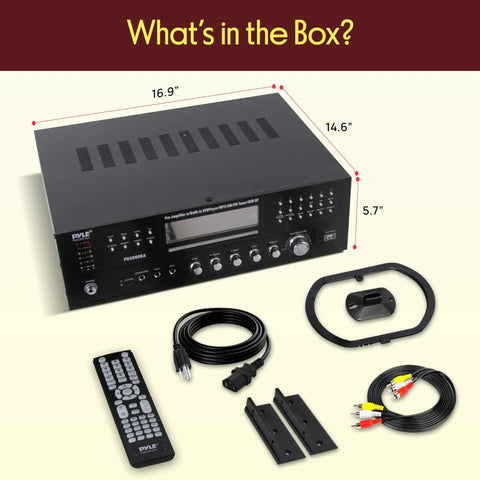 4 Channel Bluetooth Home Amplifier With Front Loading CD And DVD Player And 3000W Peak Power For Party Ready Sound Mic Echo FM Radio Optical In USB RCA Composite Outputs LED Level Meter And Rack Mount PD3000BA with accessories including remote, cables, and mounting brackets.