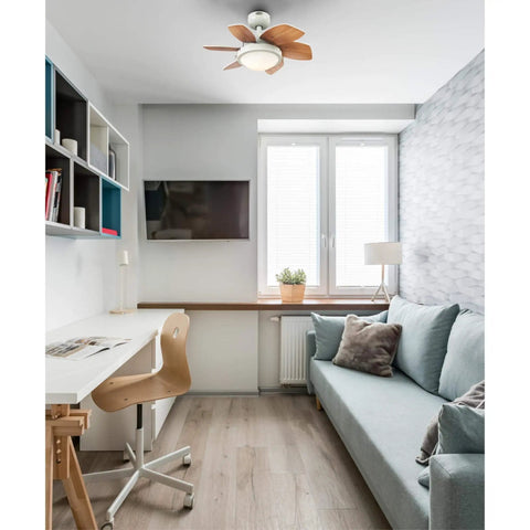 Quince 24 Inch Indoor Ceiling Fan With Light Dope White Finish in modern small room with grey sofa and desk setup