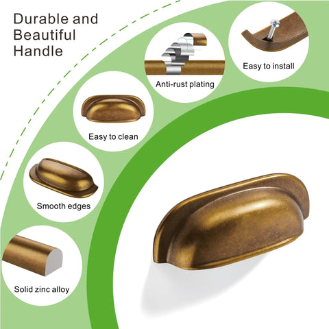 Antique Brass Cup Cabinet Handles 10 Pack With 2.5 Inch Screw Spacing Zinc Alloy Drawer Pulls showing features like anti-rust plating