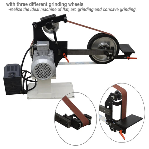 Heavy Duty Belt Sander With Easy Adjust Speed Control And Three Swappable Grinding Wheels for knife sharpening and wood polishing.