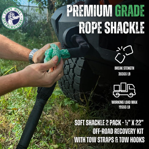 Person using Soft Shackle Recovery Kit 2 Pack 1/2 Inch By 22 Inch Off Road Tow Kit With Tow Straps And Tow Hooks Heavy Duty Synthetic Rope