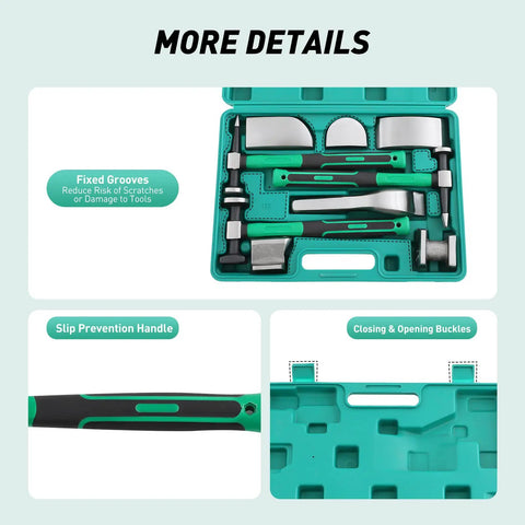 9-Piece Body Repair Hammer And Dolly Set With Storage Case featuring green handles inside open case