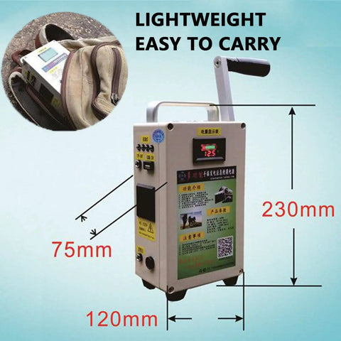 Compact Hand Crank Generator And Portable Power Station featuring 150W output, displayed next to a bag for easy transport.