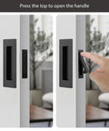 Pocket Door Pull And Edge Pull Set Matte Black Recessed Flush Handles for Sliding Doors shown with hand demonstrating use