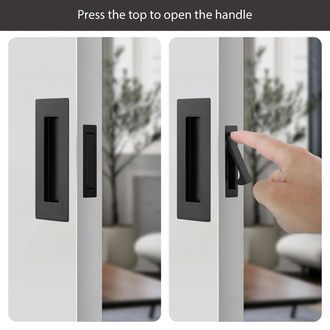 Pocket Door Pull And Edge Pull Set Matte Black Recessed Flush Handles for Sliding Doors shown with hand demonstrating use
