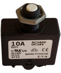 Compact Thermal Reset Tiny But Mighty Single Pole Circuit Breaker Push to Reset, 10 Amp, 240 VAC or 28 VDC, face view