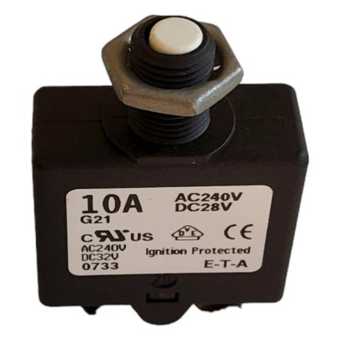 Compact Thermal Reset Tiny But Mighty Single Pole Circuit Breaker Push to Reset, 10 Amp, 240 VAC or 28 VDC, face view