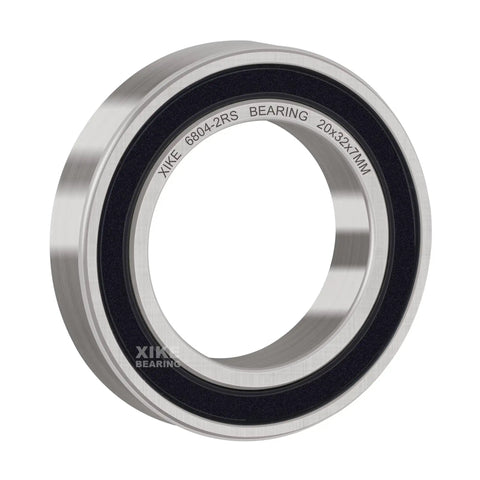 Close-up of 10 Pcs 6804-2RS Bearings 20x32x7mm with double rubber seals, chrome steel material, showing side view.