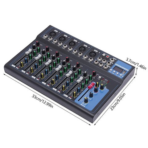 7 Channel Bluetooth Portable DJ Mixer With USB Recording MP3 Input XLR Phantom Power 48V Multi Channel Sound Mixer Board.