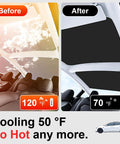 CHIYLE black glass roof sunshade for Tesla Model 3; two-panel before/after view.