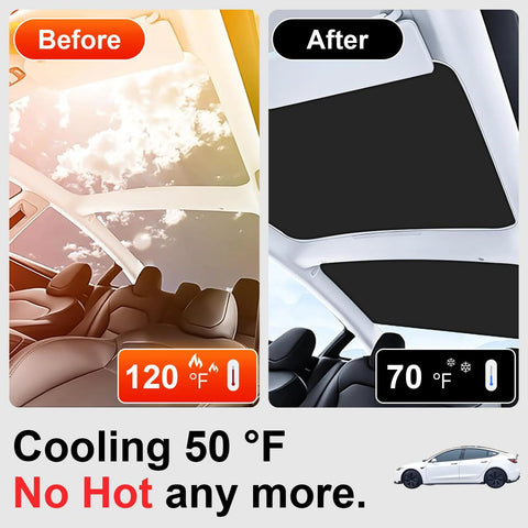 CHIYLE black glass roof sunshade for Tesla Model 3; two-panel before/after view.