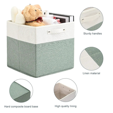 13x13 Fine Linen Storage Bins With Handles, Fabric Cube Boxes For Shelves And Closets, White And Green, showcasing features