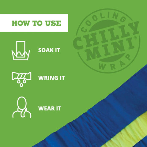 Instructions for using Chilly Mini Cooling Neck Towel Pack Of 6 Blue 29x3 Inches Hyper Evaporative Material; soak, wring, wear.
