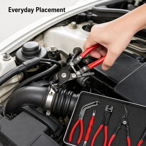 Hot Deals On This 5-In-1 Hose Clamp Pliers Kit, The Ultimate Auto Repair Tool For Tightening And Removing Clamps With Ease. Durable Metal Build Ensures Long Life While You Tackle Any Vehicle Maintenance Job Or DIY Fixin Like A Pro Mechanic In No Time At. hose clamp pliers in car engine bay, red handles, metal set