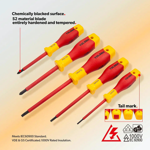 Top Notch Vde Insulated Screwdriver And Pliers Set For Electricians 11 Piece Pro Gear, S2 material blades, 1000V rated, red and yellow handle.