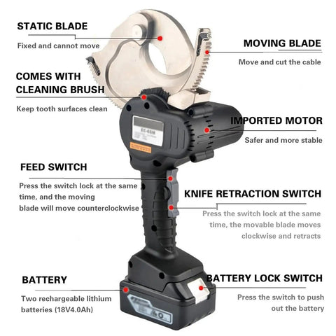 Portable Cordless Electric Wire Scissors For Cutting Copper And Aluminum Armored Cables Up To 95Mm with static and moving blades.