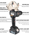High Power Cordless Hydraulic Cable Cutter For Thick Aluminum And Copper Wires Up To 54mm features detailed labeled parts and functions.