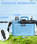 Battery Powered 2 Gallon Sprayer With Three Speed Settings, showing size details and extendable spray wand.