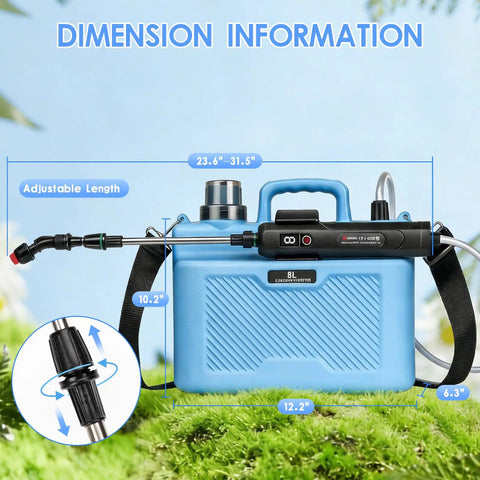 Battery Powered 2 Gallon Sprayer With Three Speed Settings, showing size details and extendable spray wand.