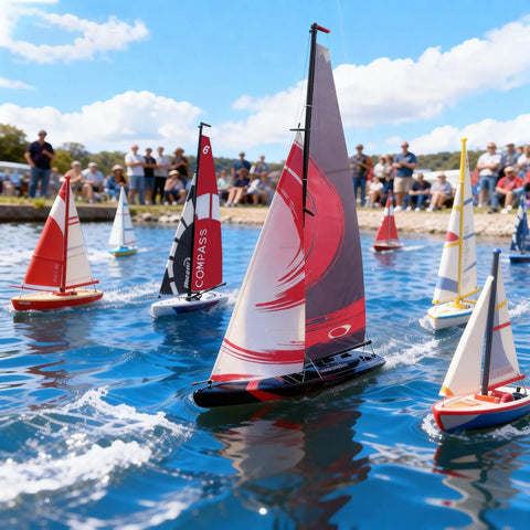 84 Inch Remote Control Sailboat Kit With Preassembled Accessories, 2.4G RC Watercraft sailing on water, bright sails, spectators