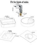 Diagram showing All-In-One Touchless Faucet With Polished Chrome Finish, Hands-Free Flow, Temperature Control Dial, compatibility with various sinks.