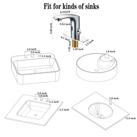 Diagram showing All-In-One Touchless Faucet With Polished Chrome Finish, Hands-Free Flow, Temperature Control Dial, compatibility with various sinks.