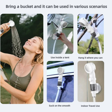 Rechargeable Camping Shower With USB-C used outdoors, in tent, hung on branch, and mounted on RV, showing versatility