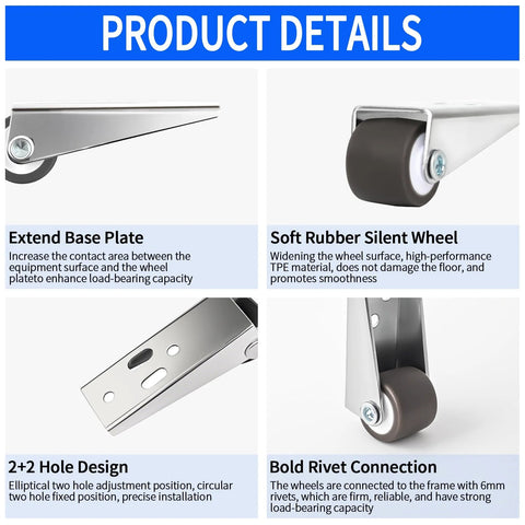 Low Profile 0.9 Inch Caster Wheels Set Of 4 With Long Brackets for Furniture and DIY, product details displayed in quadrants