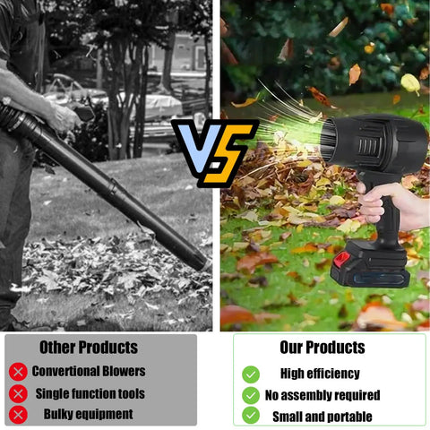 Comparison of conventional blower vs. Cordless Leaf Blower With Battery And Charger, Supercharged 400000 RPM Handheld Yard Blower in use