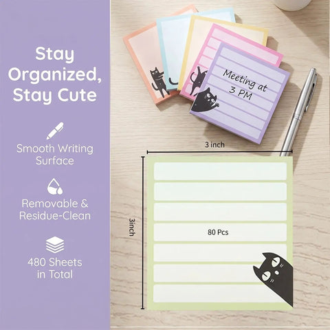 Black Cat Sticky Notes 3x3 Set For Back To School And Office with multicolor pads and cat design, shown with a pen on a desk.